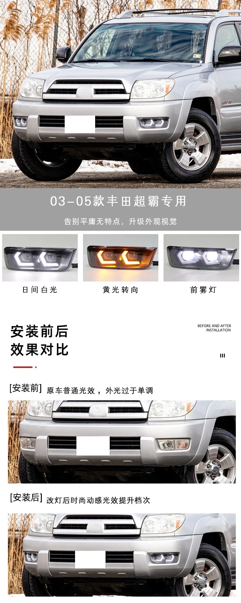 For Toyota 4Runner 2003-2005 Car Front Lens Fog Lamp LED Daytime Running Lights DRL Yellow Dynamic Turn Signal Modified Daylight detail image 1