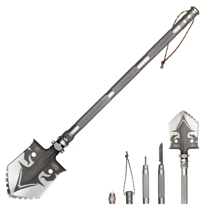 เครื่องมือขุดเหล็กคาร์บอนเครื่องมือขุดสวน Survival Shovel พร้อมมีดไขควงและเข็มทิศ