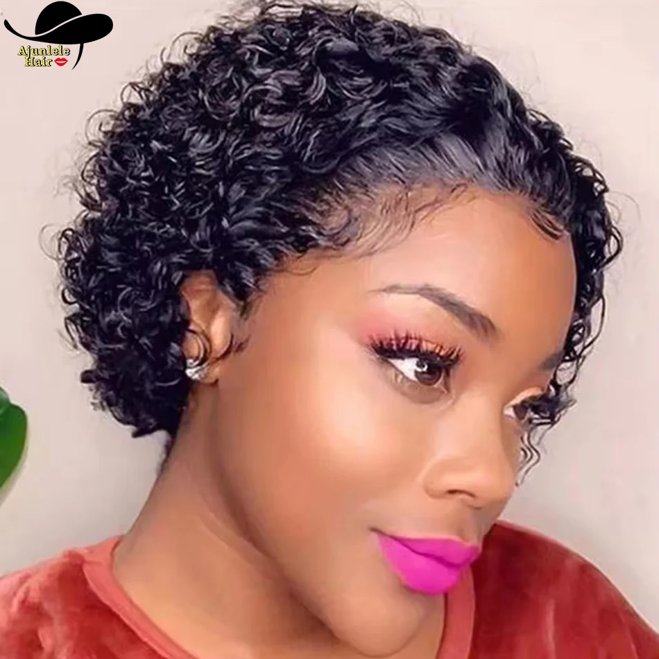 ブラジリアンヘア ピクシーカット キンキーカール レミーヘア ウィッグ 13x1 透明レースウィッグ 100%人毛 マシンメイドウィッグ 黒人女性向け