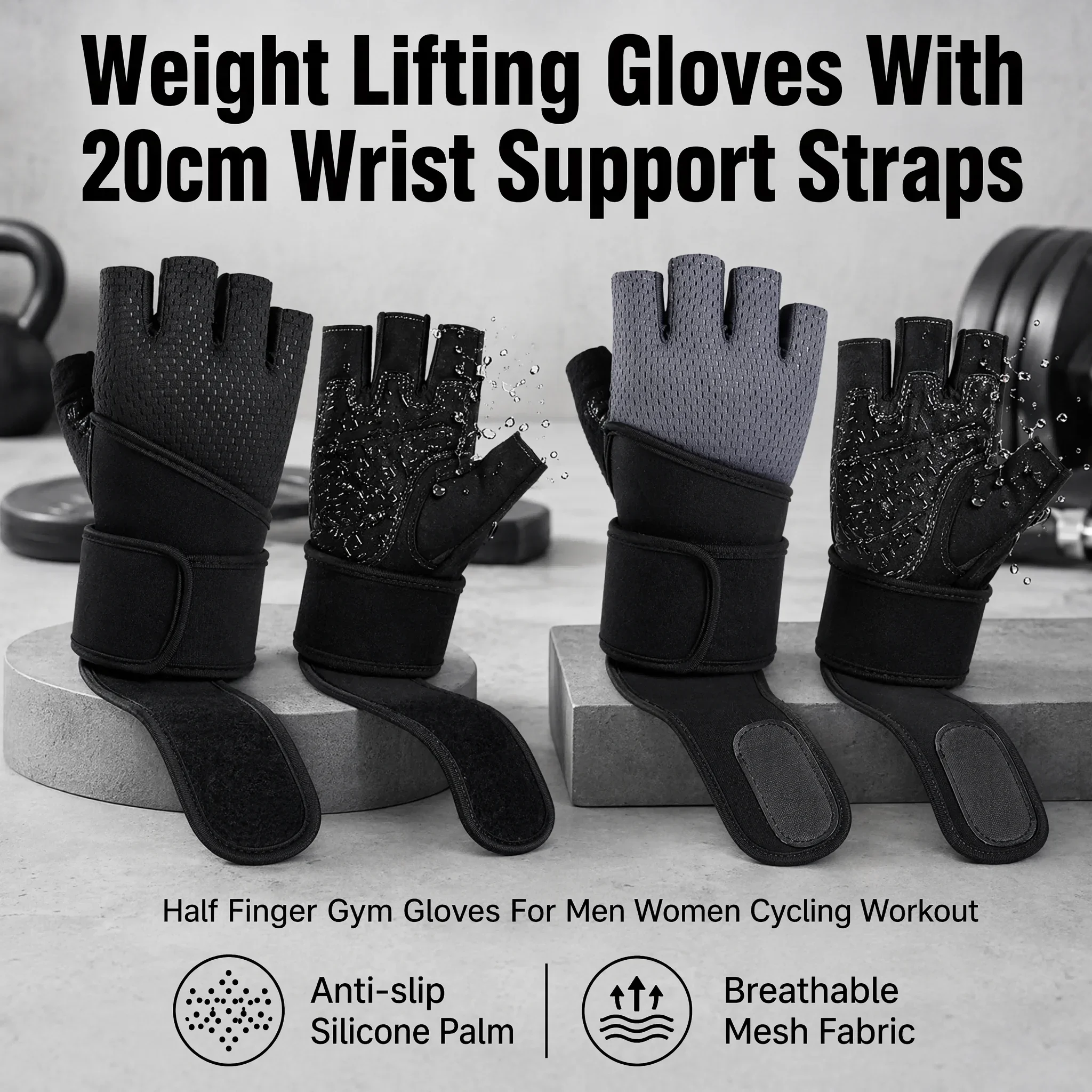 Weight Lifting Gym Gloves with Wrist Straps, Anti-Slip Half Finger Workout Gloves, Breathable Palm Protection Anti-Cocoon Grips