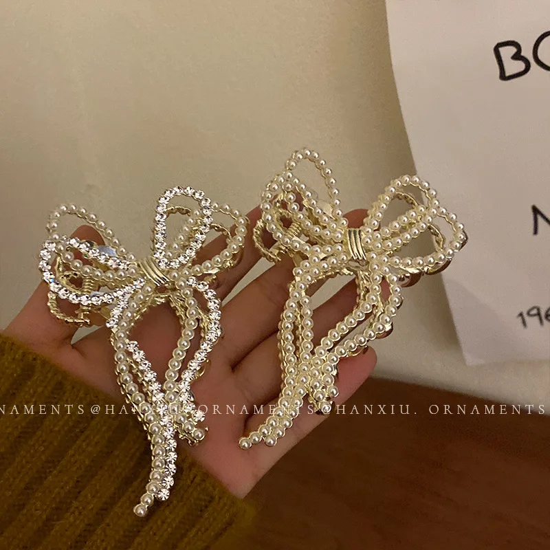 Retro diamond-studded pearl bow hairpin Korean high-end sense of grasping clip back head hair accessories female