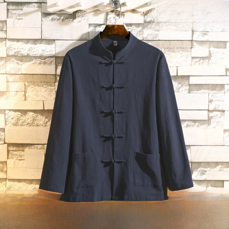 

Chinese Style Cotton Linen Double Layered Jacket Spring Autumn Zen Study Hanfu Style Retro Button Embroidered Logo Shirt