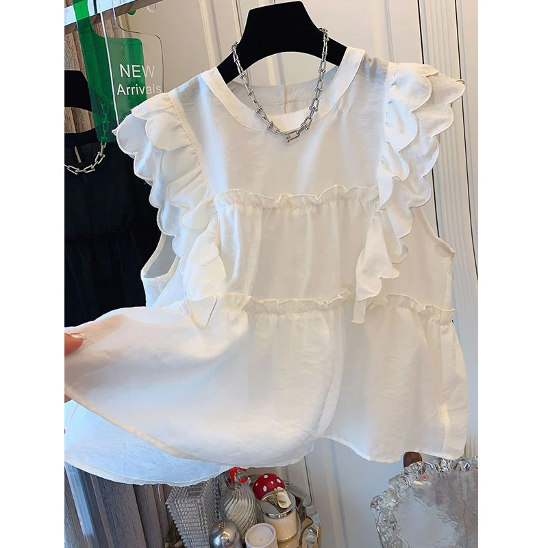 2023 donne estate Trendy Ruffle Sweet Chic camicette Casual Solid O Neck senza maniche camicie larghe Y2K Kawaii Streetwear top Blusa