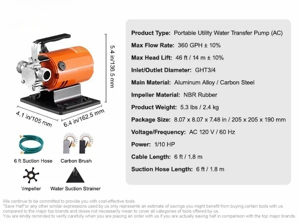 Water Transfer Pump 120V AC 360GPH 1/10 HP Portable Electric Utility Pump for Garden, Rain Barrel, Pool, Pond, Aquarium