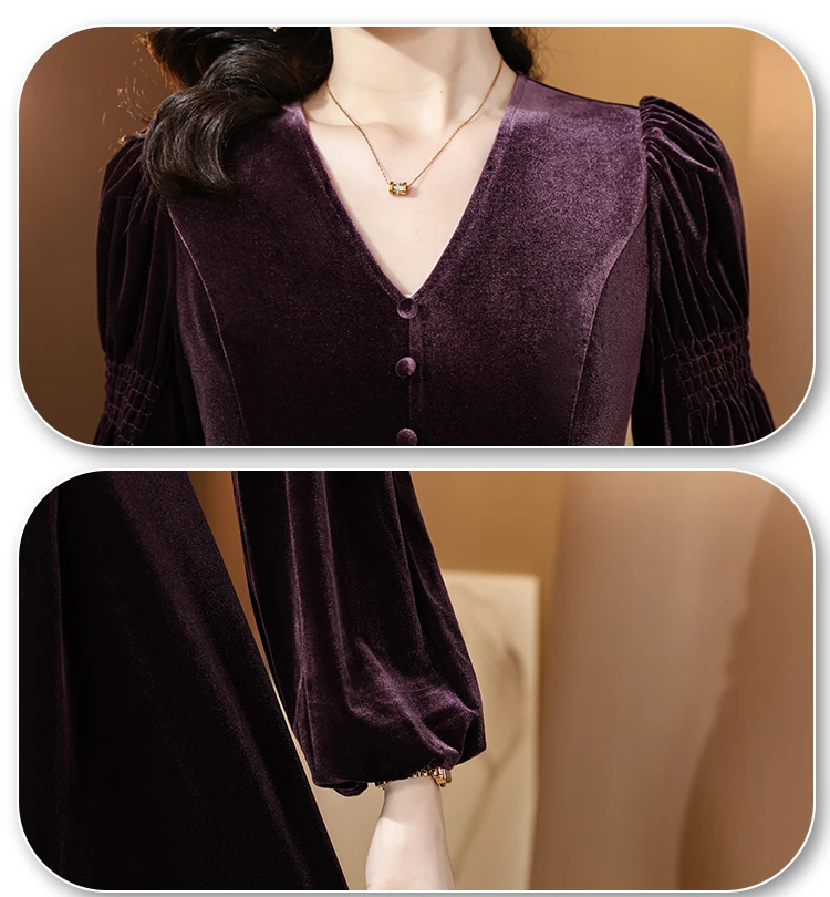 2023 Autumn/Winter New Purple Silk Velvet Bubble Sleeve Dress Women\'s Spliced Slim Loose Large Knee Length A-line Dress Robe