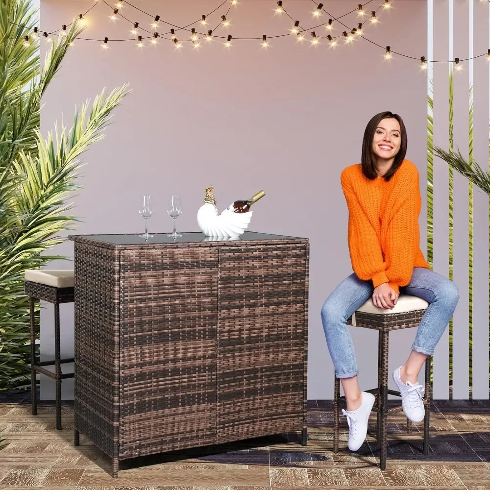 

Outdoor Bar Table, 3 Piece Rattan Patio Bar Set with Stools 40" Height Tempered Glasstop Bar Table All-Weather Brown Wicker