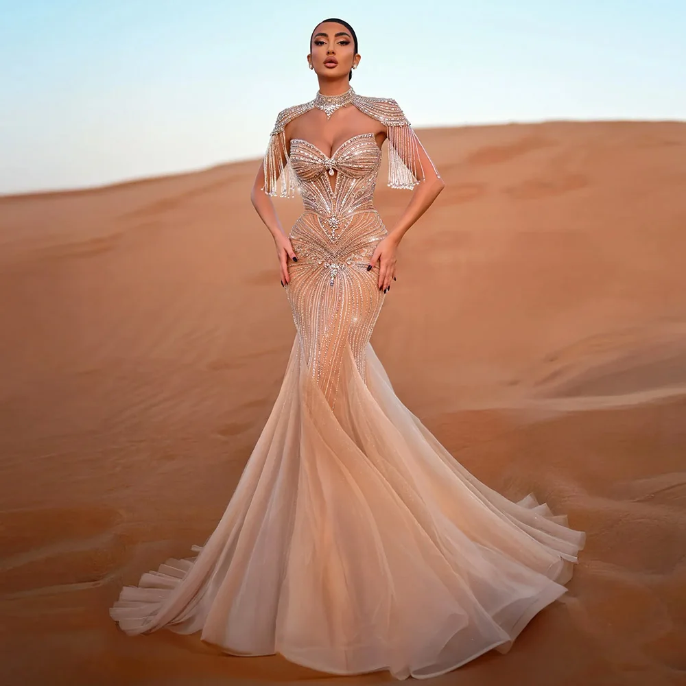 

Elegant Mermaid Evening Dress for Women 2026 Dubai Arabia Beads Tassel Handmade Long Formal Prom Wedding Party Gown Customized