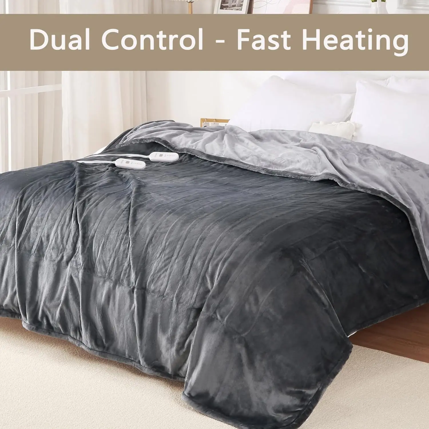 Electric Heated Blanket Throw King Size with Dual Control, Super Soft Flannel Heated Throw with 4 Fast Heating Levels