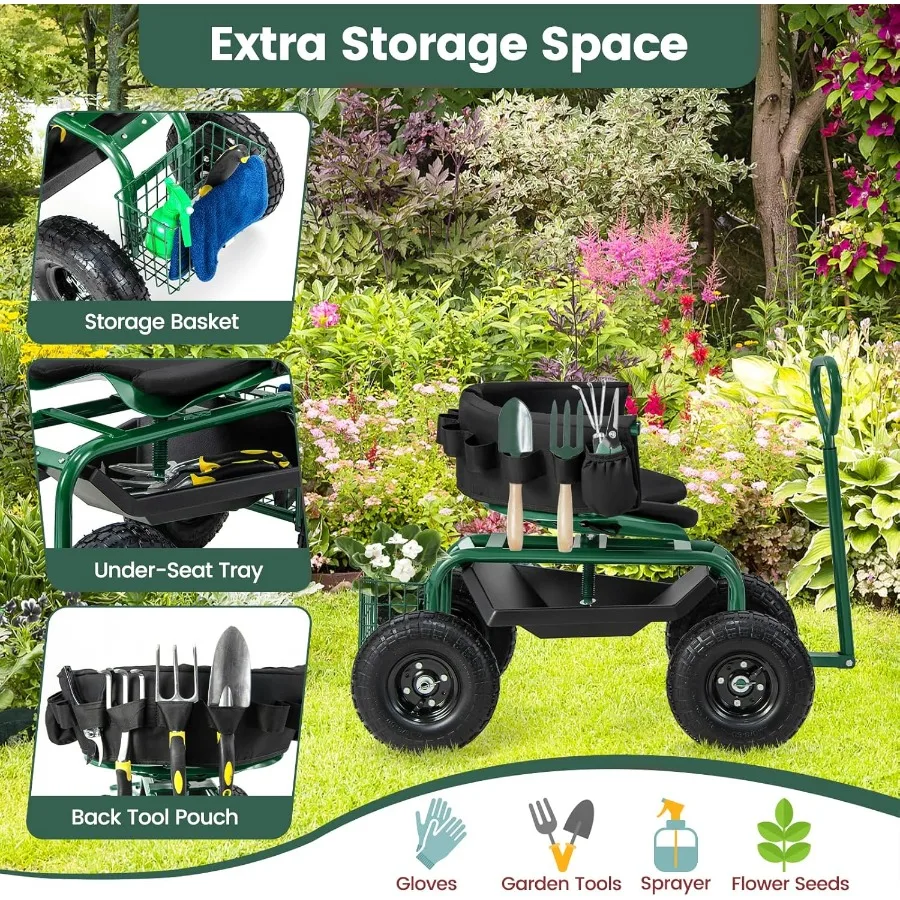 مقعد حديقة مع عجلات المتداول البستنة البراز مع قابل للتعديل 360 مقعد دوار أداة صينية سلة التخزين مقبض قابل للتمديد Outd #5