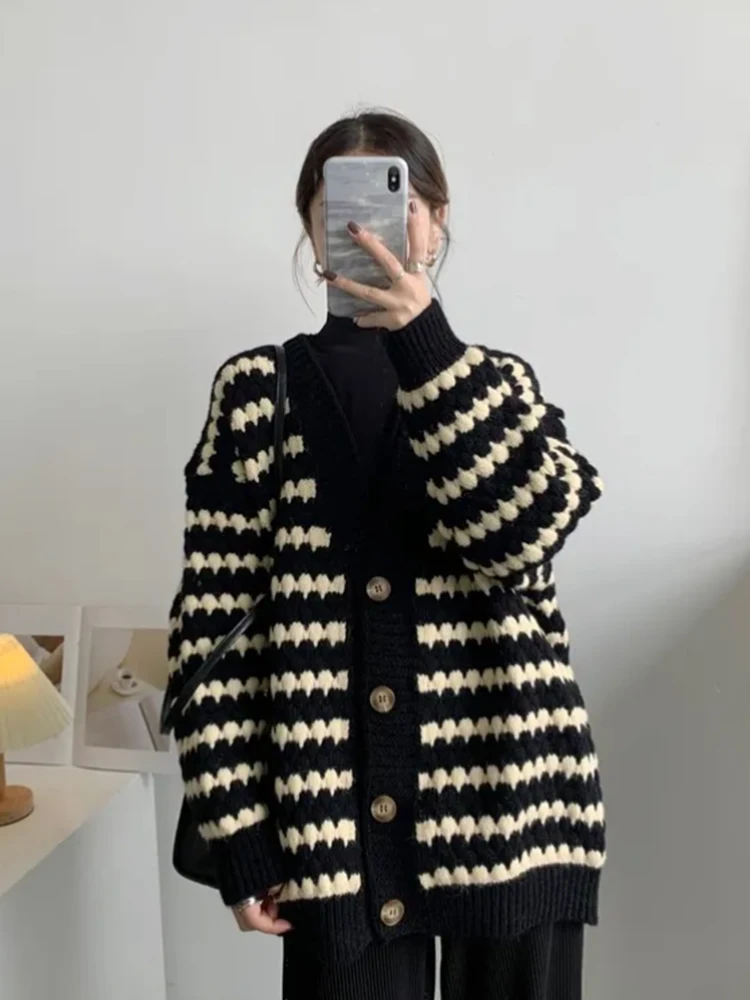 

Faionable V-Ne полосатый цветной блуз на одной пуговице, большой размер, свободный свитер, пальто, женский осенне-зимний теплый трикотаж, топ