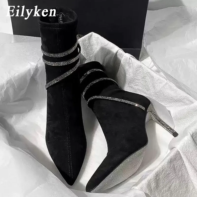 Eilyken Winter Fashion Crystal Women Ankle Boots Pointed Toe Thin Heels Elegant Ladies Black Socks Botines Botas Mujer