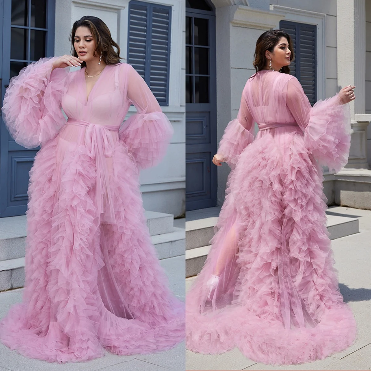Illusion Tulle Pregnant Dresses V Neck Long Sleeve Photography Pregnancy Robes Sexy Ruffles Women Bathrobe Maternity Party Gowns