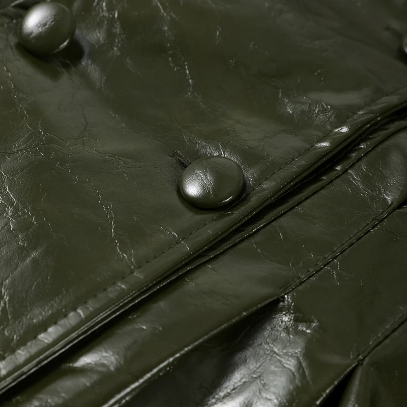 Damen Leder-Minirock-Anzug mit Langarm-Reversjacke und figurbetontem Rock, Frühjahr/Herbst 2026 Motorrad-Outfit – Detail 5