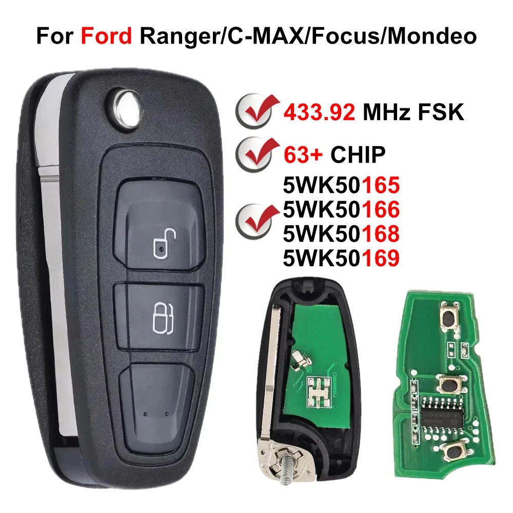 2 Button 434MHz FSK 5WK50166/5WK50165 AB39-15K601-DA 4D63+ Chip Flip Car Key For Ford Ranger/Focus/Mondeo 2011-2015