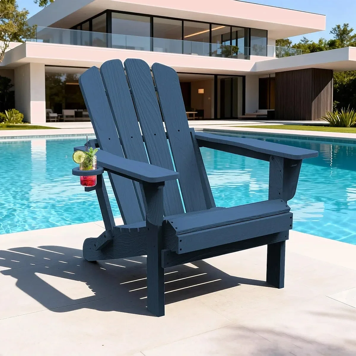 All-Weather HDPE Folding Adirondack Chair with Cup Holder, Blue