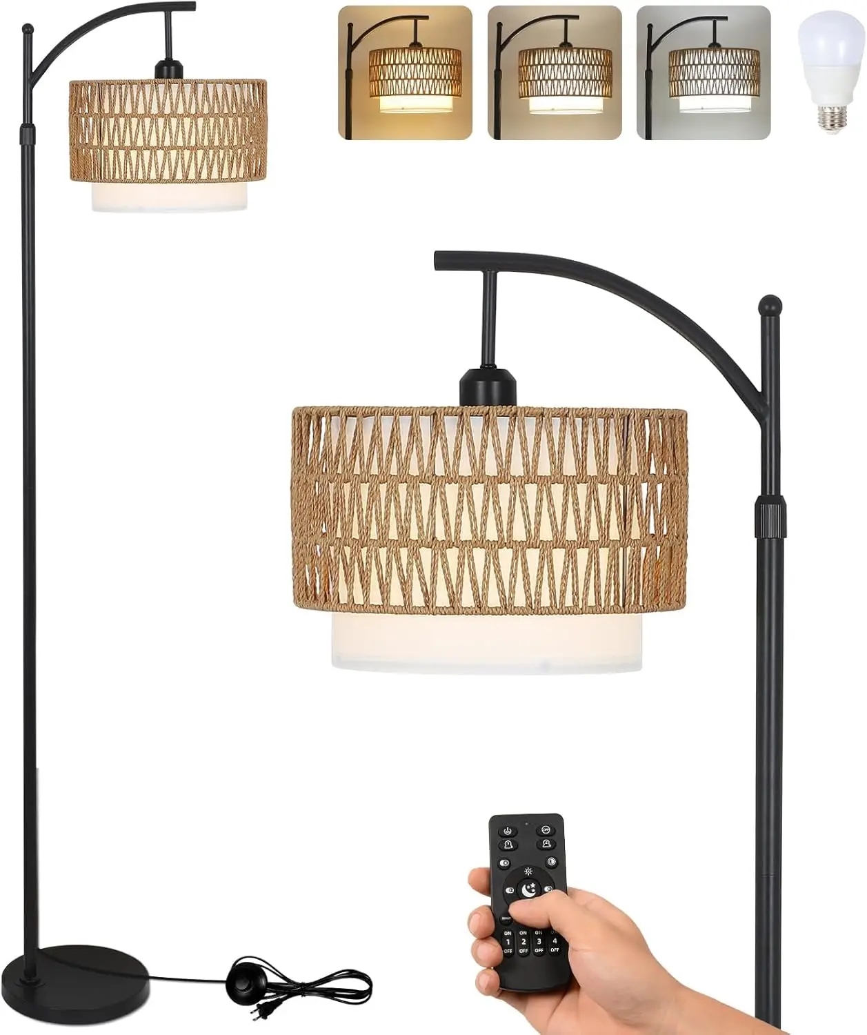 Arc Floor Lamp for Living Room with 3 Color Temperatures, Farmhouse Floor Lamps with Remote & Dimmable Bulb,