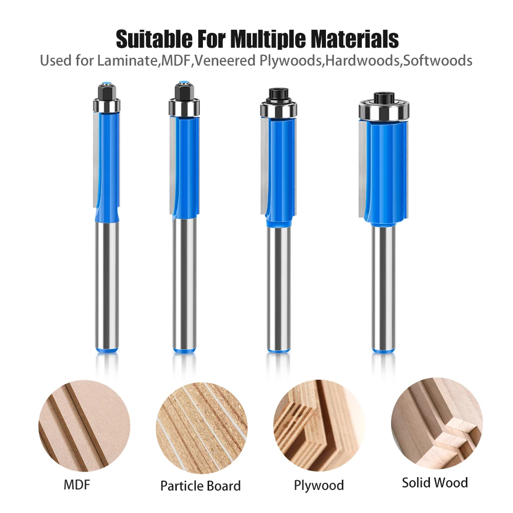 1-4pcs set of 6mm 1/4 shank Blade Flush Trim Router Bit With Bearing For Wood Template Pattern Bit Tungsten Carbide Milling Cutt