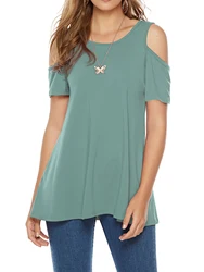 Women's Casual Cold Shoulder Tunic Tops Loose Blouse Short Sleeve Shirts，Cool material, round neck smooth and comfortable top