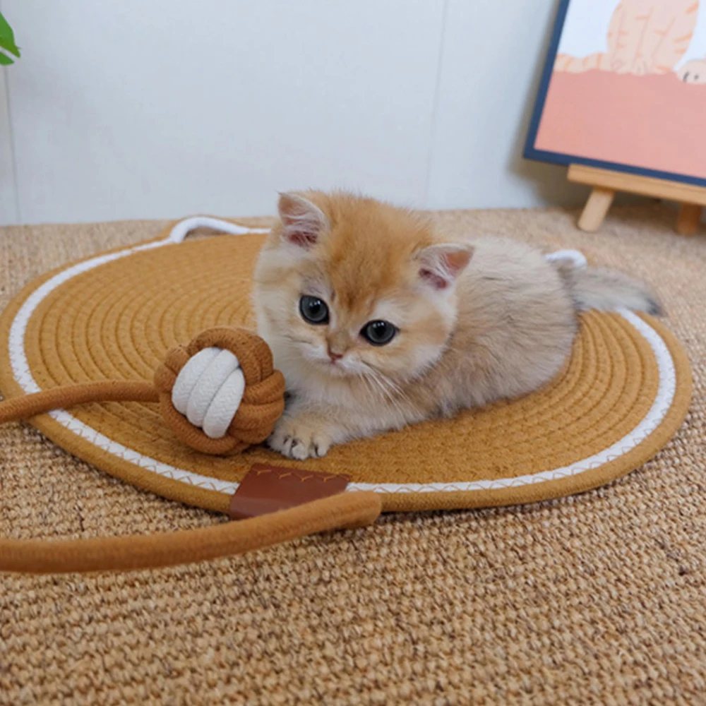 50cm Pet Cat Bed Mats Cotton Hand Woven Rattan Cat Beds Summer Winter Kitten Basket Cotton Rope Cat Scratching Baskets