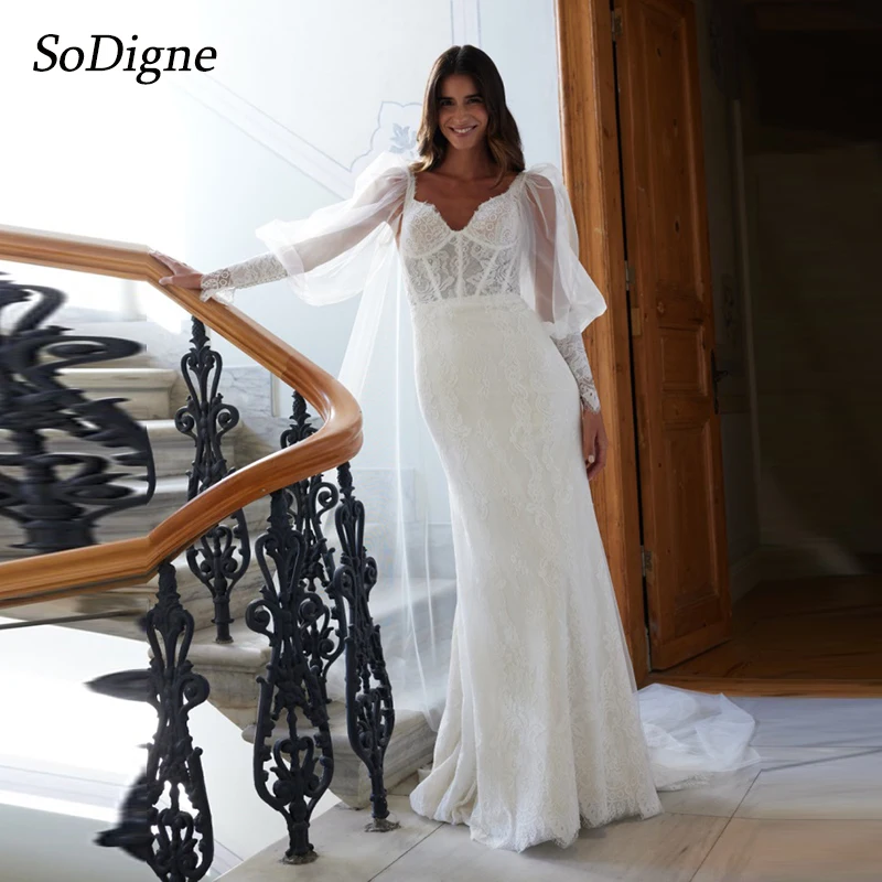 

SoDigne Mermaid Boho Wedding Dresses Sweetheart Long Sleeves Lace Bridal Dress 2025 Beach Wedding Gown Robe De Mairee