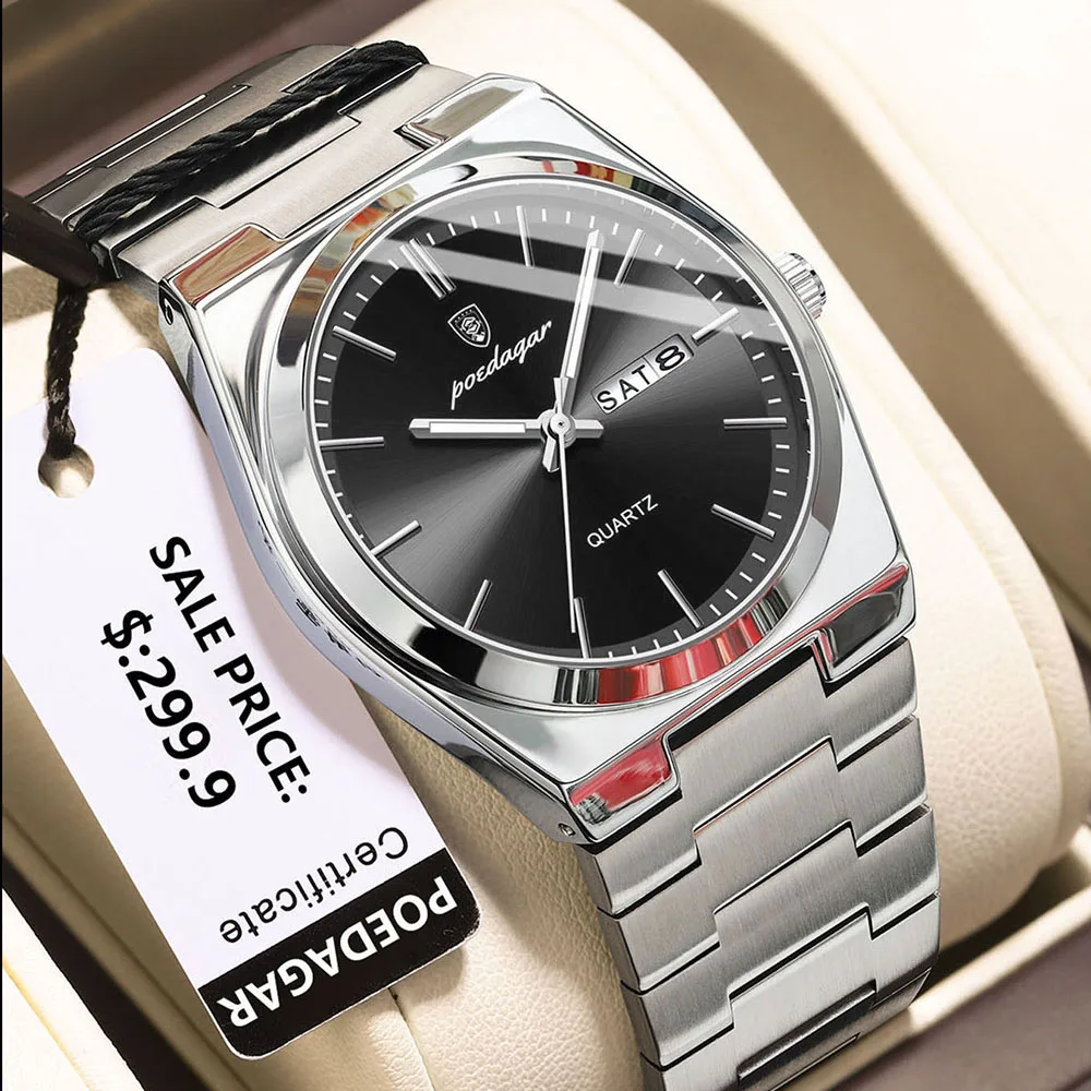 POEDAGAR Fashion ساعات رجالية بسيطة الاتجاه الأصلي كوارتز ساعة للرجل مقاوم للماء الفولاذ المقاوم للصدأ ساعة اليد تاريخ مضيئة