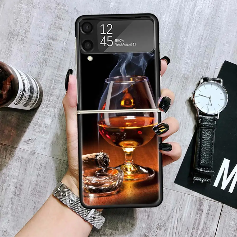 Cigar Whiskey Ice Drink For Samsung Galaxy Z Flip 6 5 4 3 5G Black Phone Case Flip6 Flip5 Flip4 Flip3 Cover Shockproof Hard Shel