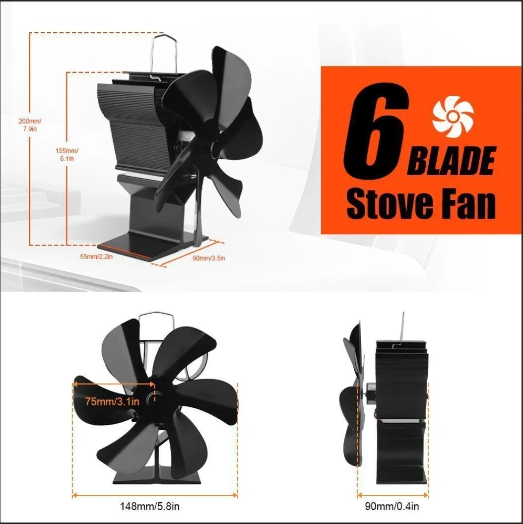 Black Fireplace 6 Blades Heat Powered Stove Fan Log Wood Burner Eco-fan Quiet Home Winter Fireplace Fan Efficient Distribution