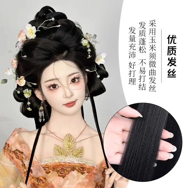 Complete Hanfu Hair System - All-in-One Ming/Tang Dynasty Fake Bun with Padding & Decorations Historical Hairpiece Complete Kit