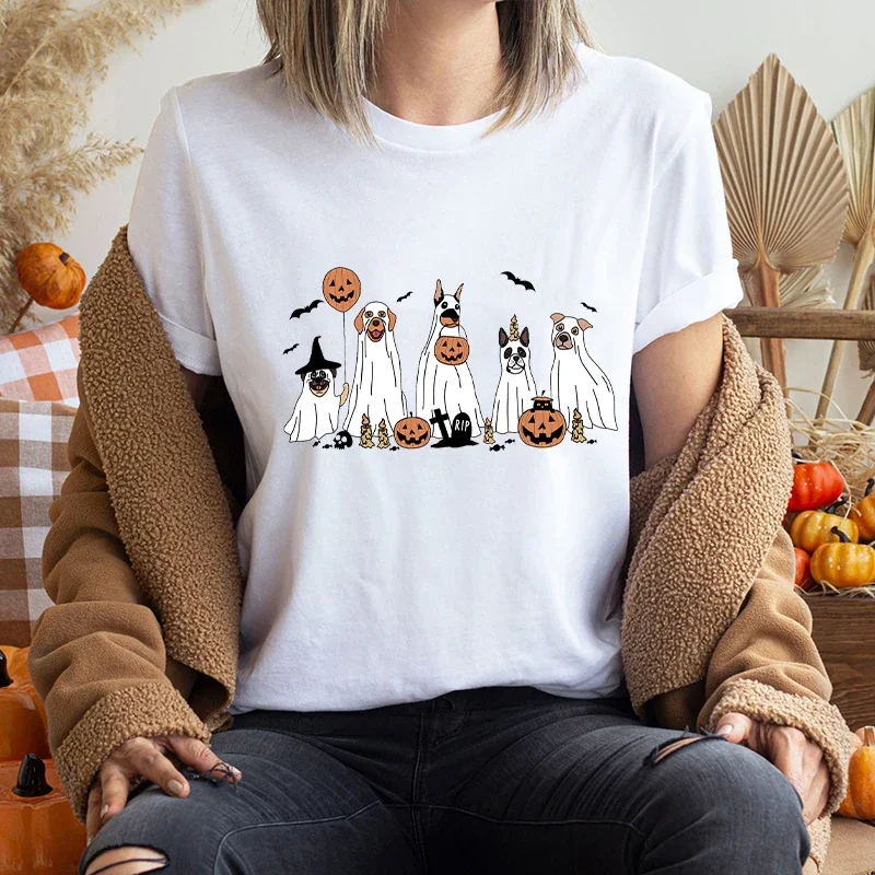 女性のハロウィーンの犬のプリントTシャツ,レトロな不気味な季節のTシャツ,原宿のグラフィックトップ,女性のファッション,夏