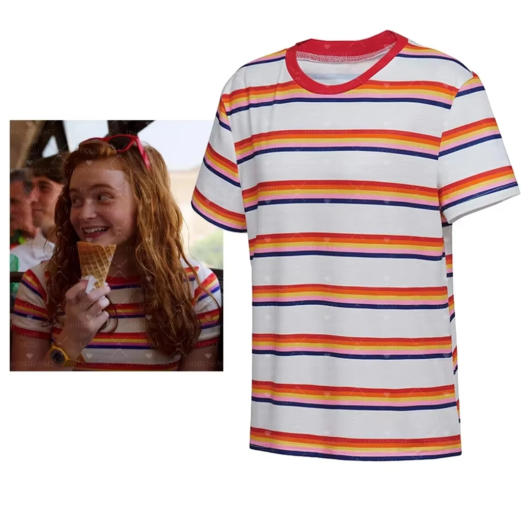 2026 kids Max Mayfield Cosplay Costume  Striped T-shirt Women girl Casual Coat Max Mayfield Colorful Striped T-shirt For women