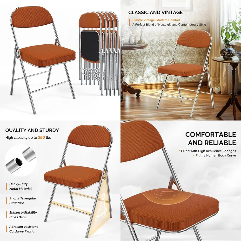 

Folding Padded Chairs with Metal Frame, Durable Corduroy Fabric, 350 lbs Capacity, Set of 6, Orange - Folding Chairs for Outdoor