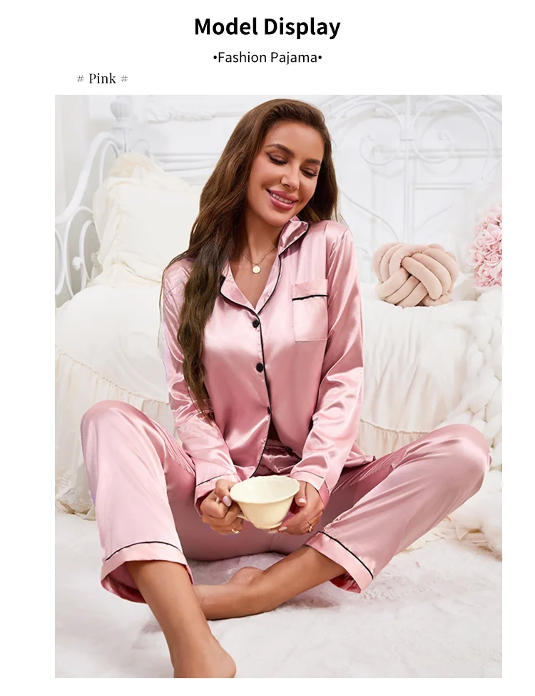 Damen-Pyjama-Set, Nachtwäsche, Anzug, Loungewear, Pyjama-Set, Satin, langärmelig, Oberteile mit Hosen, 2-teilig, Pyjama, Pyjama für Damen – Detail 4