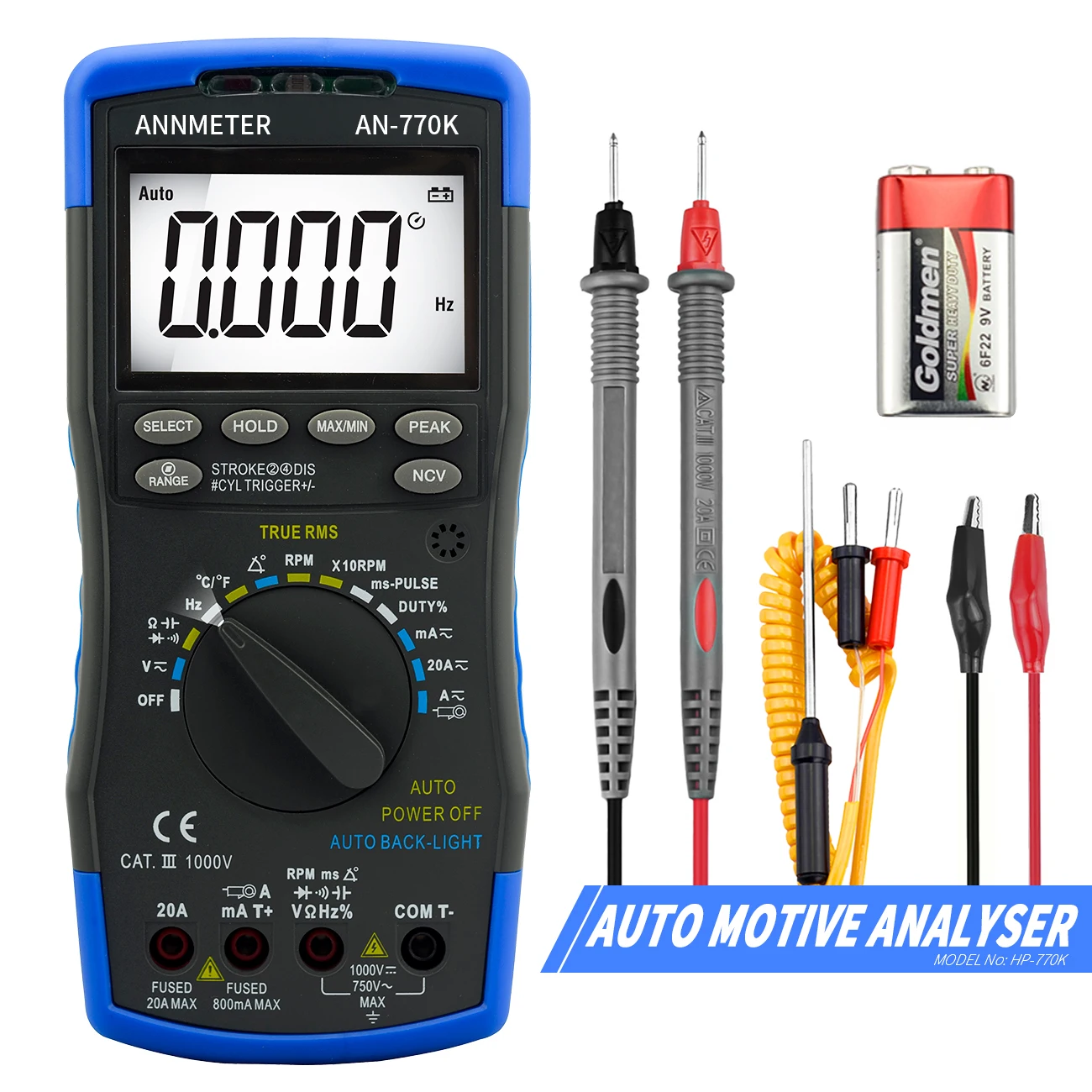 

Digital Automotive Multimeter Tester Auto Ranging 6000 Counts multimeter for Dwell Angle Pulse Width Tach Temperature Duty Cycle