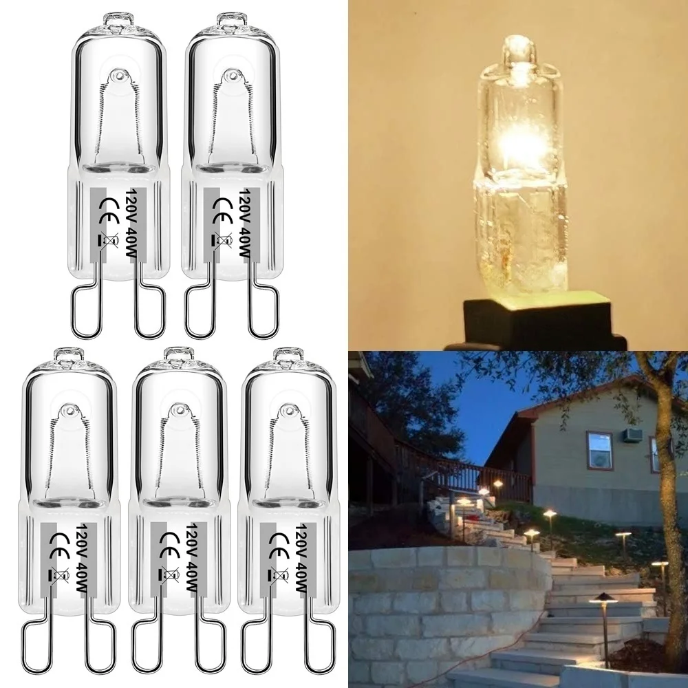 5-Piece G9 Halogen Bulb 25W 40W 60W 120V 230V T4 JCD Type Bi-Pin Base for Chandelier, Pendants, Cabinet Lights, Landscape Lights