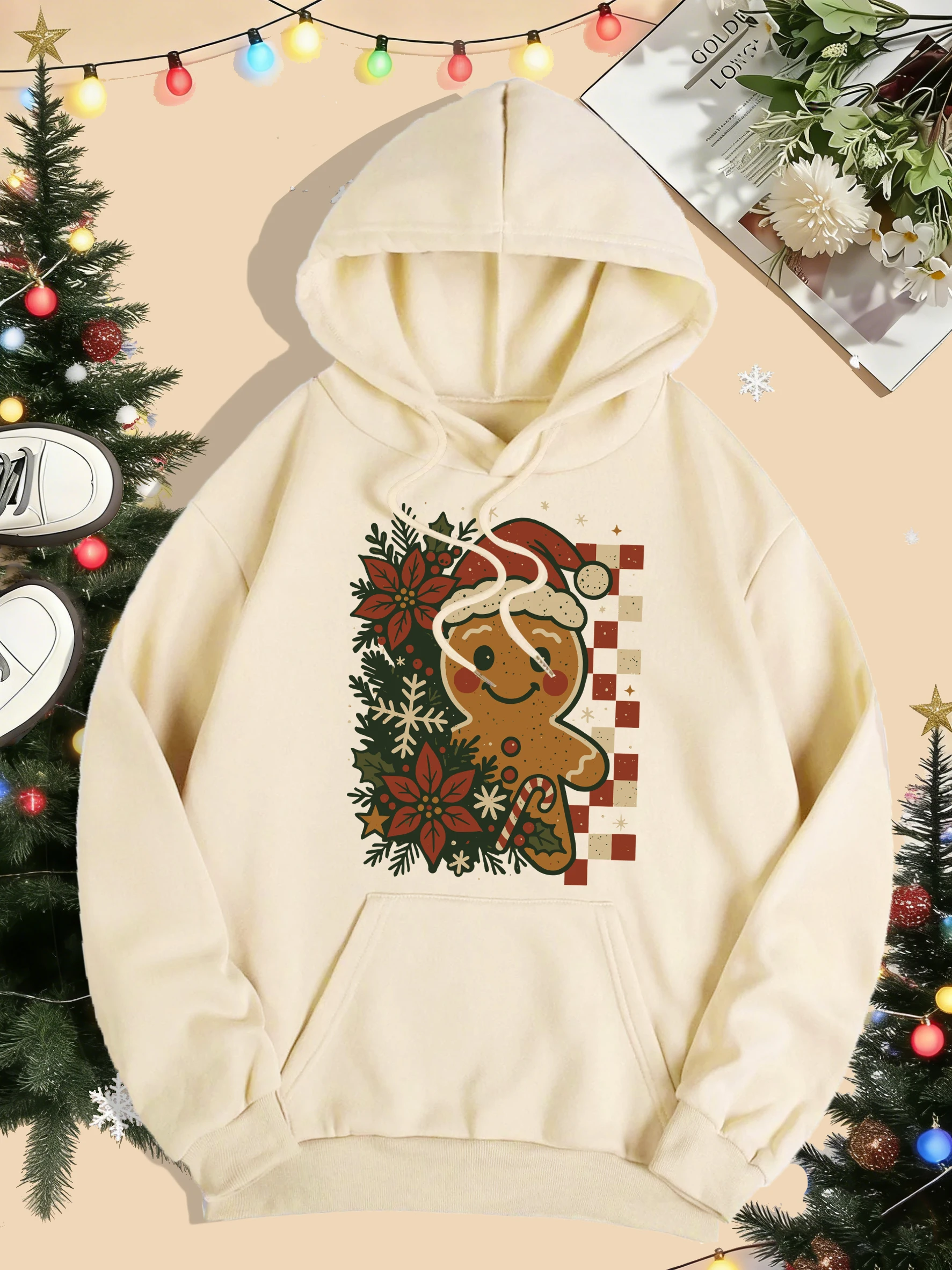 Frohe Weihnachten Lustige Kuchen Gedruckt Frauen Hoodies Lose Beiläufige Hoody Herbst Winter Y2K Tasche Streetwear Alle-Spiel Fleece kleidung