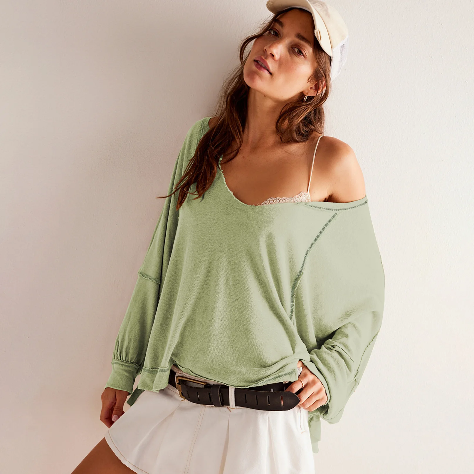 

Women's Loose V-neck Long-sleeved Sweatshirt Fashion Trend Patchwork Pullover Sports Top Casual Street Versatile Sweatshirt