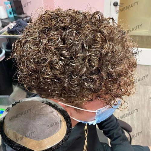Imagen 2 del producto Pelucas de cabello humano para hombre, Mono súper duradero, peluquín rizado de 20MM, prótesis capilar para hombre, unidad de cabello, piezas del sistema de reemplazo para hombre