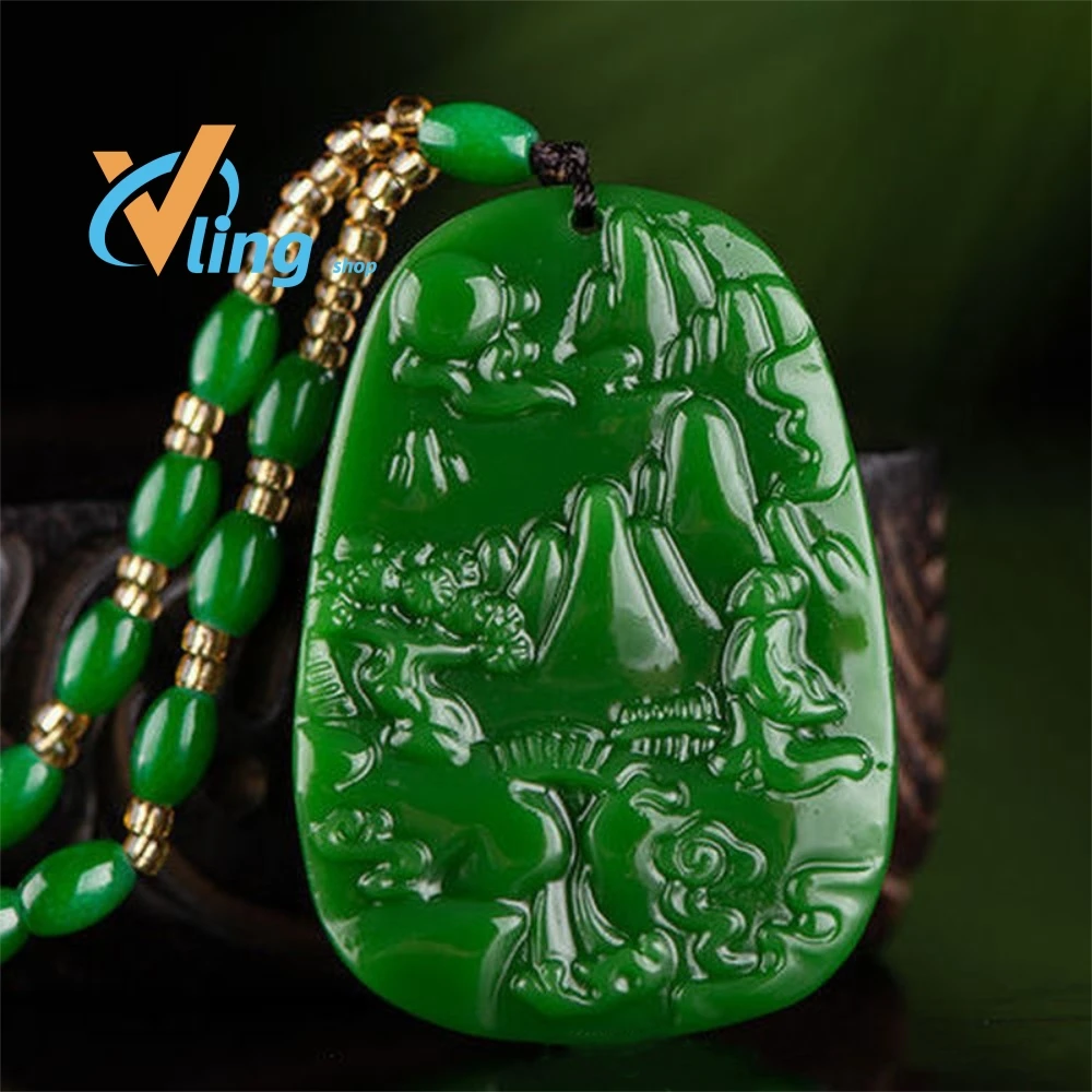 

Natural Chinese Jade Smoky Gray Hand-carved Landscape Pendant Fashion Jewelry Men and Women Blue and White Necklace PopularGifts