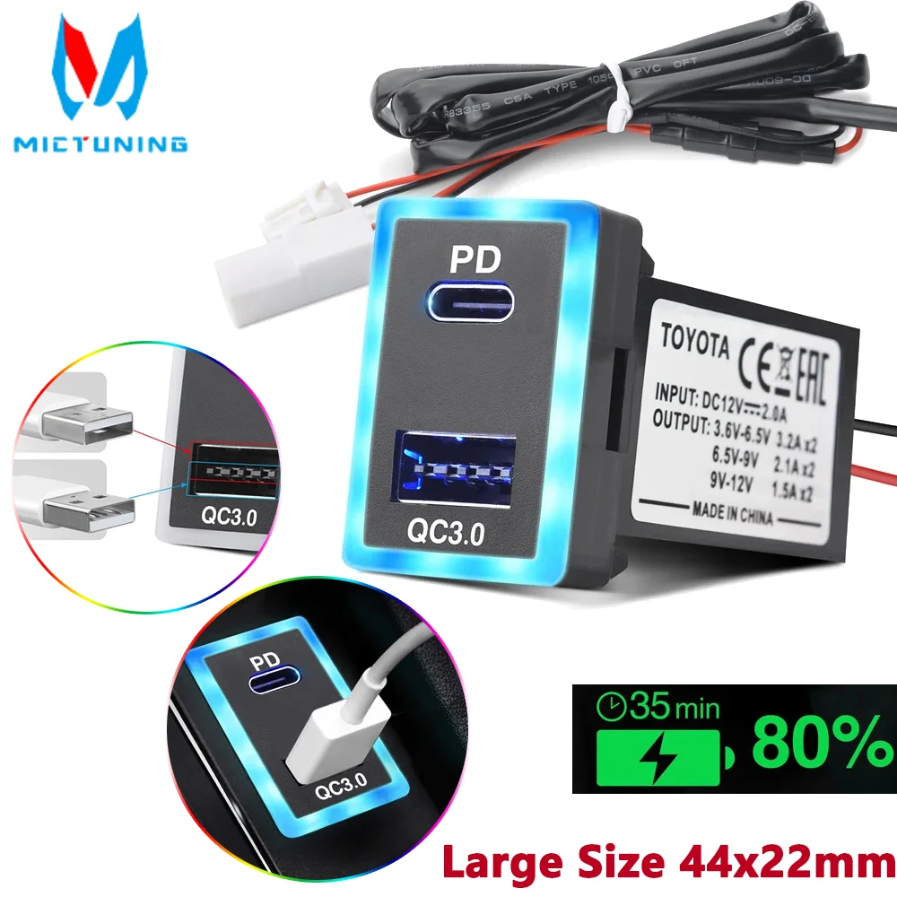 

MICTUNING Large Size USB C Car Charger Type C PD QC3.0 Dual USB Fast Charger Socket 12V 24V For Toyota Quick Charge For iPhone