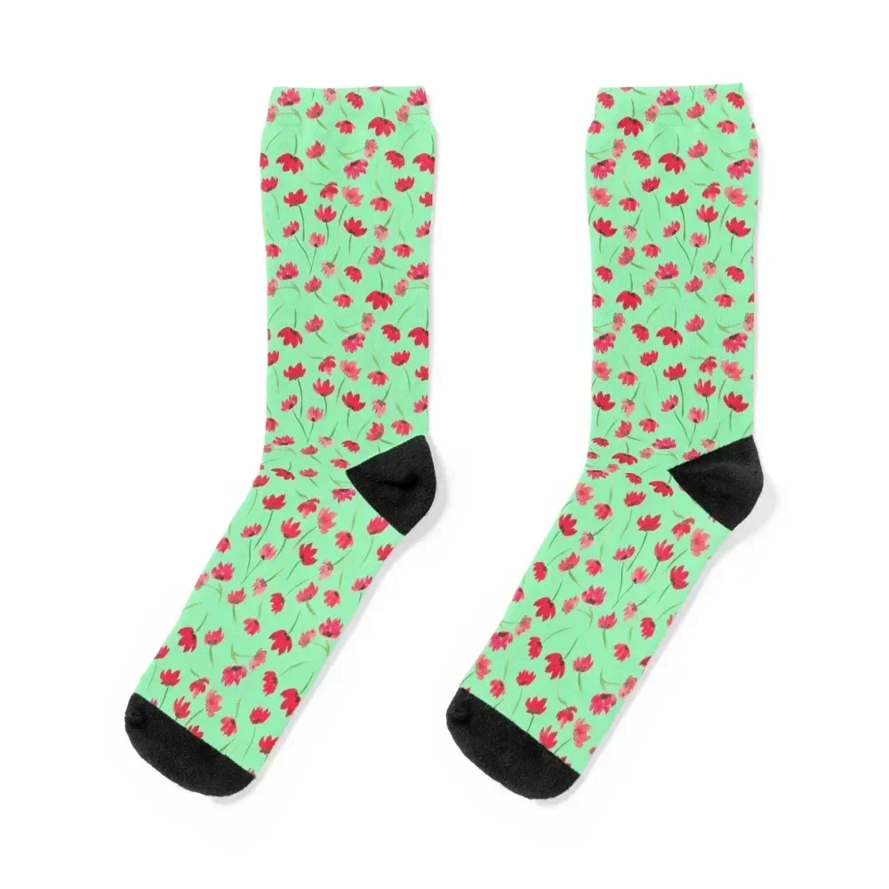 Red poppies on green background Socks crazy basketball Boy Socks Women's