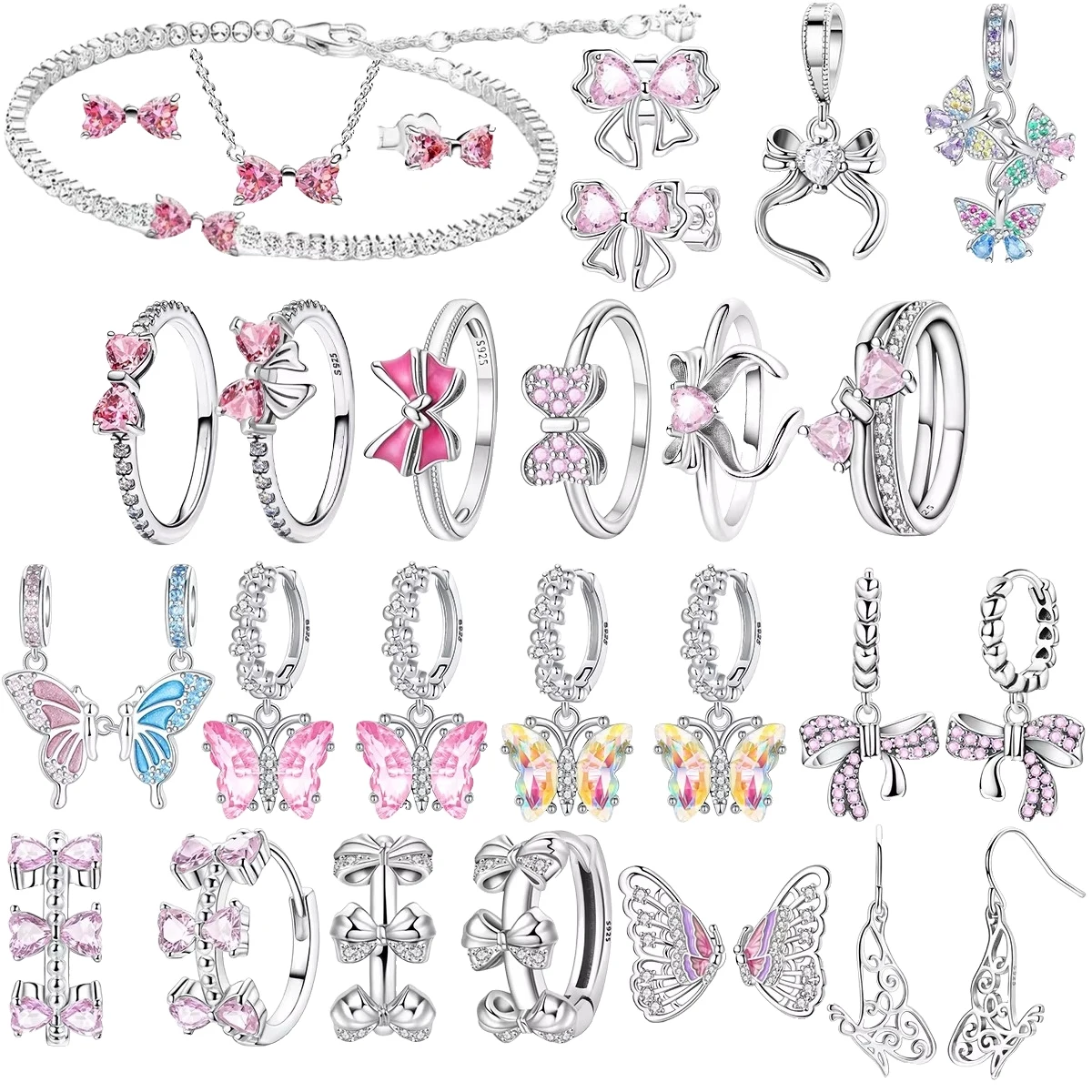 

Colorful Butterfly Heart Earrings 925 Sterling Silver Ring Charms Fit Original Pendant Bracelets Necklace Women DIY Fine Jewelry