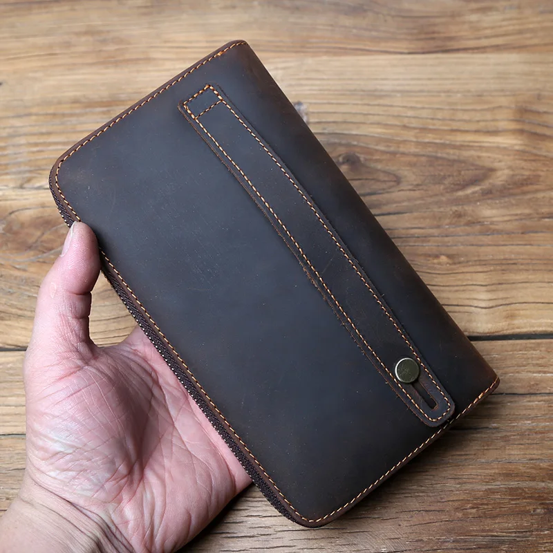 NZPJ Vintage Herren Lange Leder Geldbörse Crazy Horse Leder Handytasche Natürliches Rindsleder Clutch Bag Multifunktionale Geldbörse Kartentasche – Detail 5