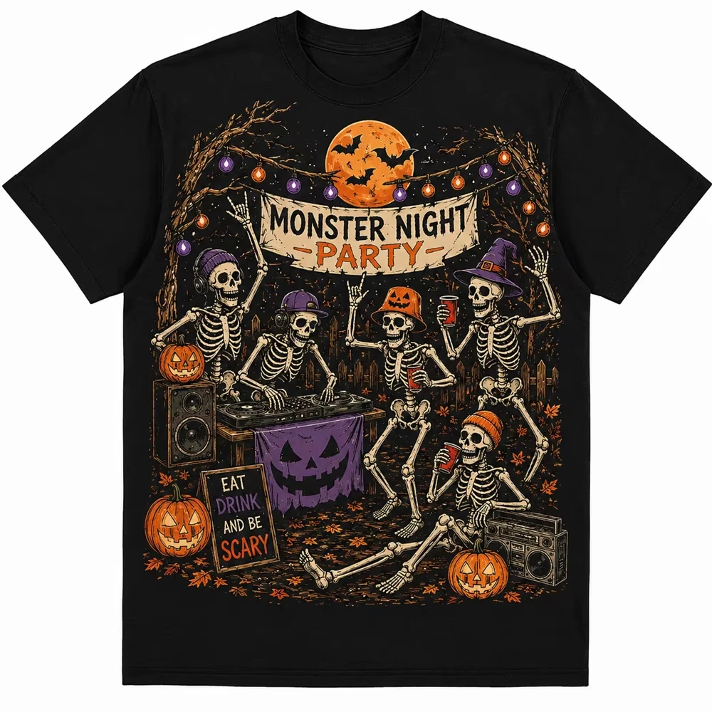 2026 Halloween Skeleton DJ Party Graphic T-Shirt Kids Adults Pure Cotton Crew Neck Short Sleeve Monster Night Tee