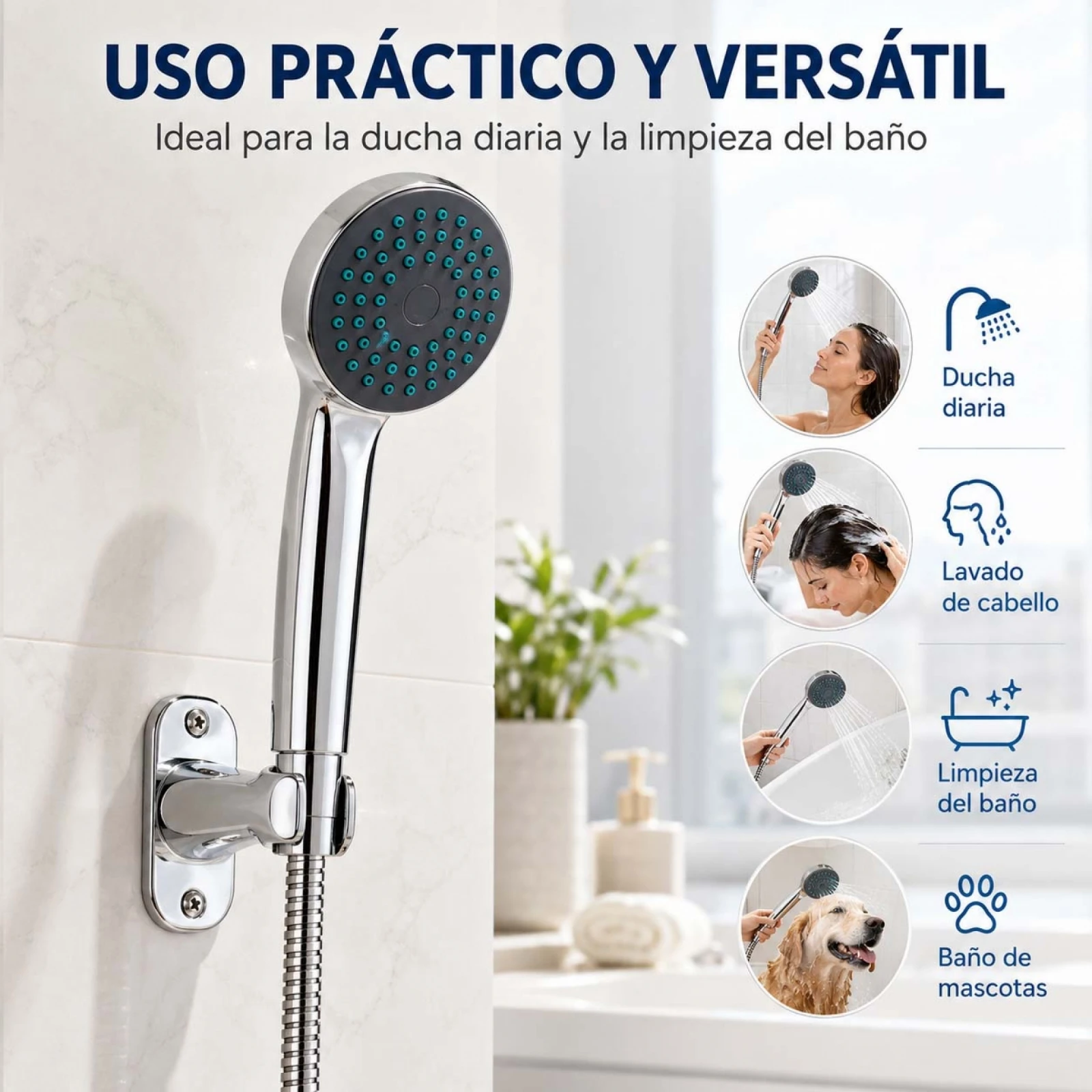 Pommeau de douche à main avec tuyau flexible de 150 cm et support mural, pommeau de douche en ABS chromé avec buses anti-calcaires pour une salle de bain moderne et fonctionnelle.