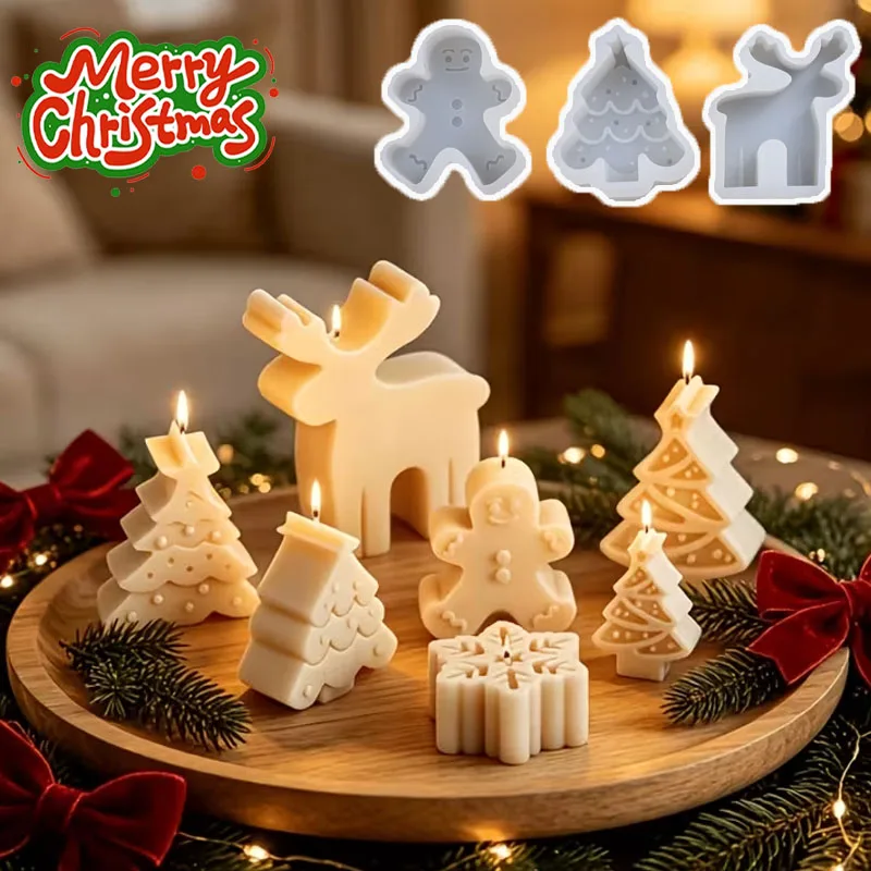 1-10PCS Mini Christmas Silicone Mold for DIY Crafts Reindeer Gingerbread Tree Aromatherapy Candle Holiday Xmas Decoration