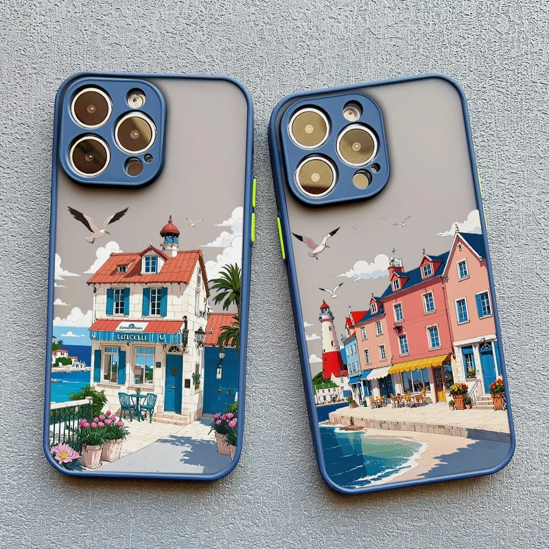 Strandlandschaft Küstenstadt Handyhülle für iPhone 17 15 16 14 Pro Max Plus 13 12 Mini 11 Pro Max XS XR X Blaue Hüllen – Detail 13
