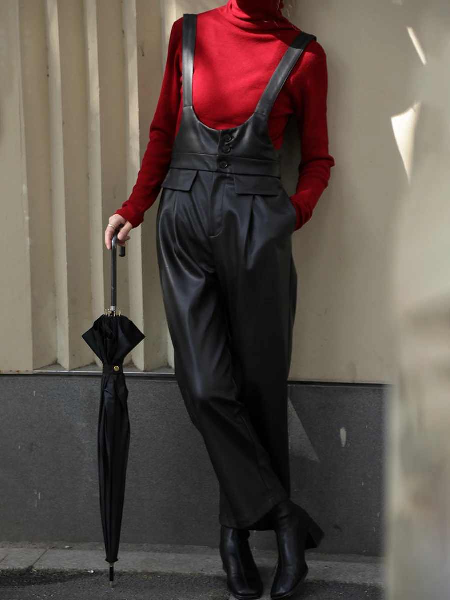 

Autumn Winter Loose Women's PU Leather Pants Wide Leg Pants Nine Points Durable Detachable Straps High Waist Design Casual Sle