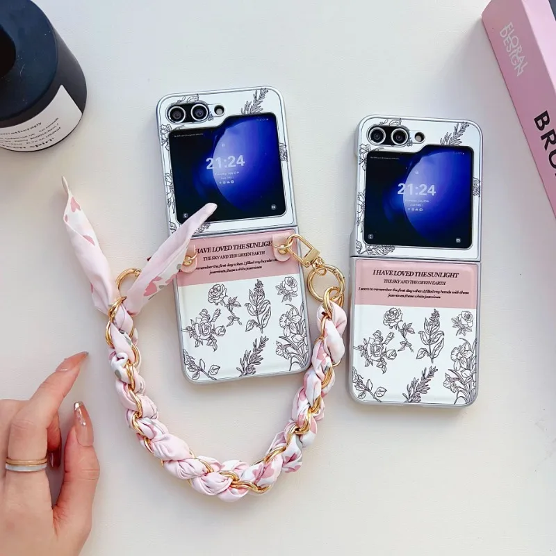 New Full Screen Sketch Rose Samsung Phone Case for Samsung Galaxy Z Flip 5 4 3 Silk Scarf Lanyard Anti Drop Phone Cover