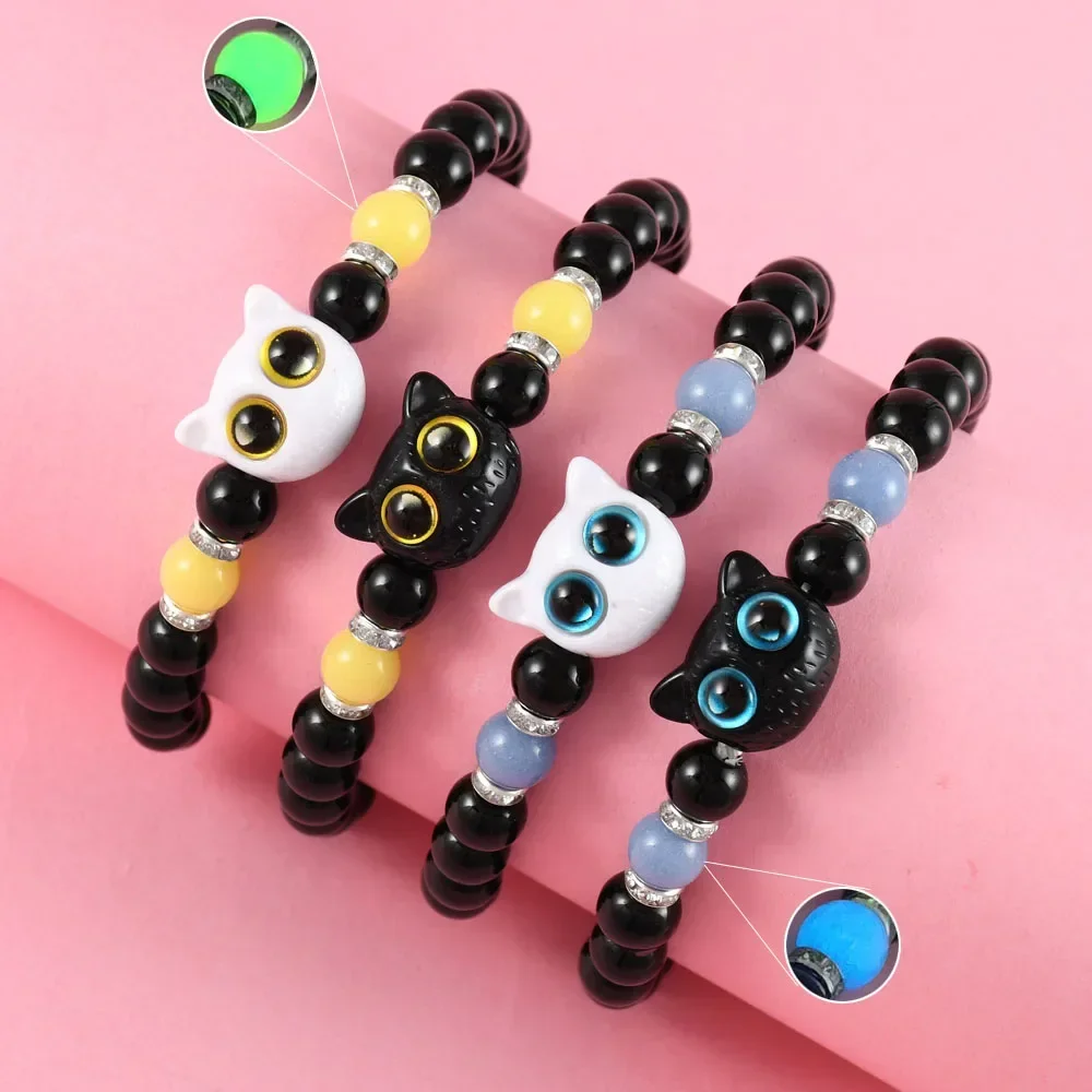 2Pcs/set Cute Big Eye Cat Luminous Bracelets For Girls Cartoon Animal Beaded Hand Chain Friendship Couple Bracelet Jewelry Gift