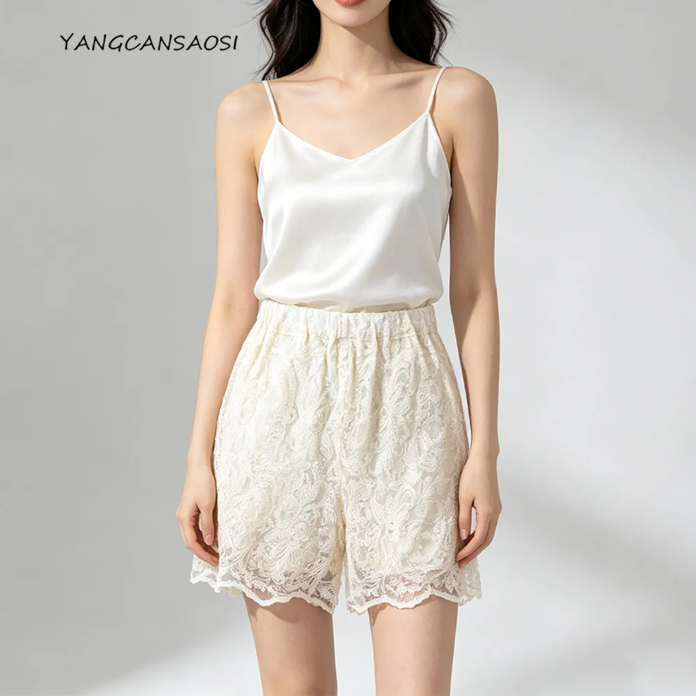 Heavy Industry Sequin Embroidered Light Luxury Natural Mulberry Silk Ribbon Lining Elastic Waist Three-layer Casual Shorts